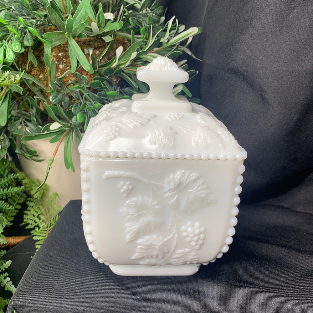 Beautiful Vintage WESTMORELAND grapevine White Milk Glass Candy Dish with Lid